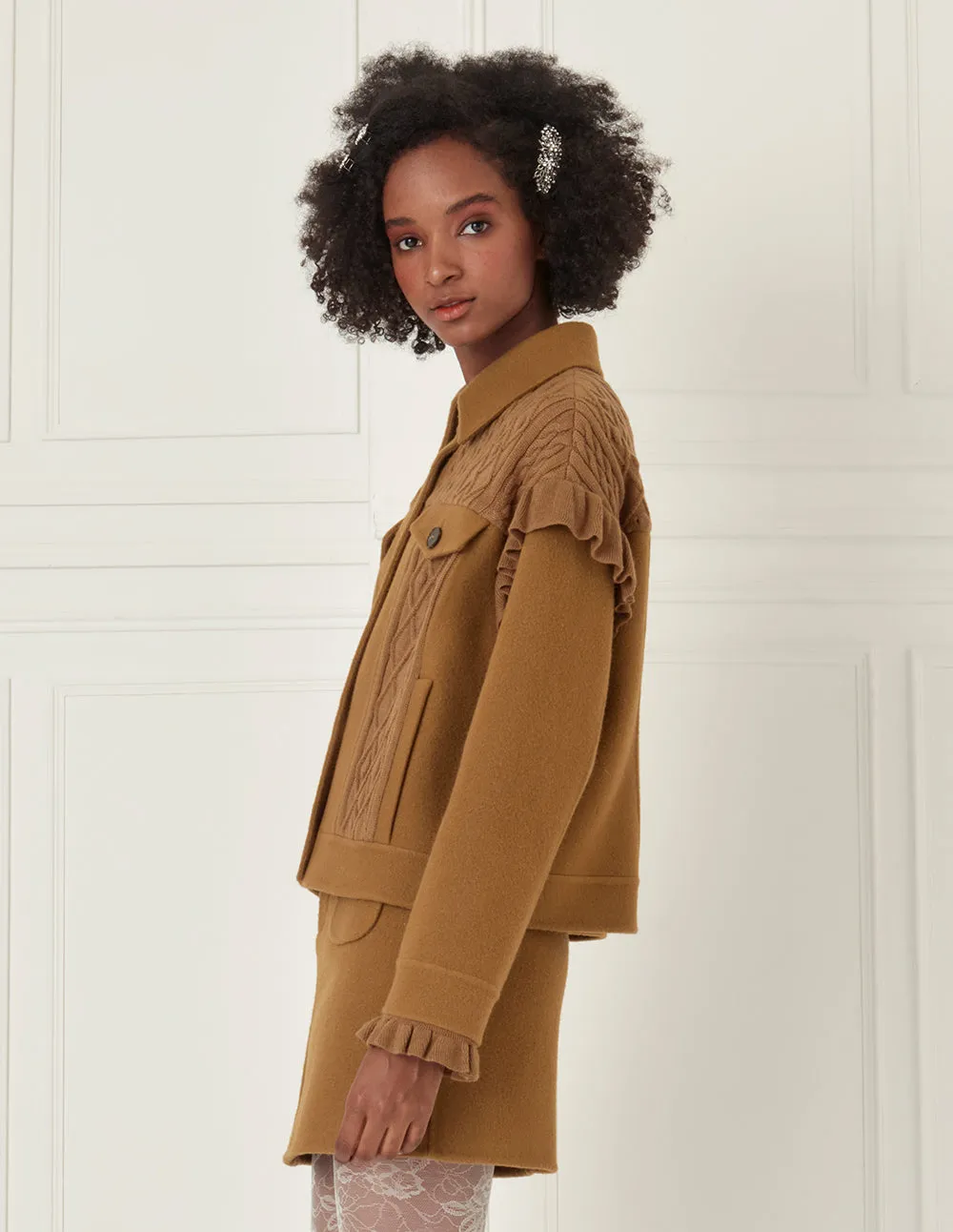 BORA AKSU Tan Knit Panel Wool Jacket