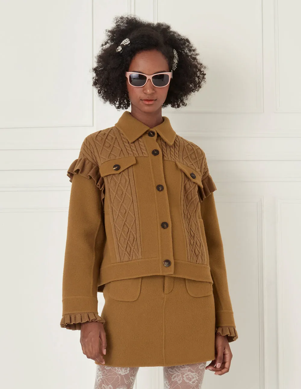 BORA AKSU Tan Knit Panel Wool Jacket
