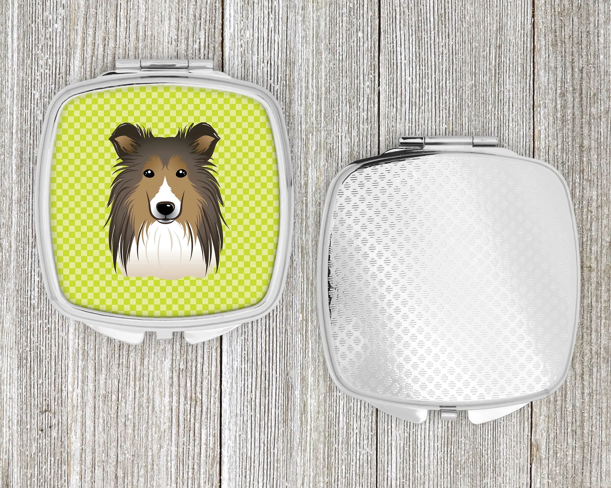 Checkerboard Lime Green Sheltie Compact Mirror BB1304SCM
