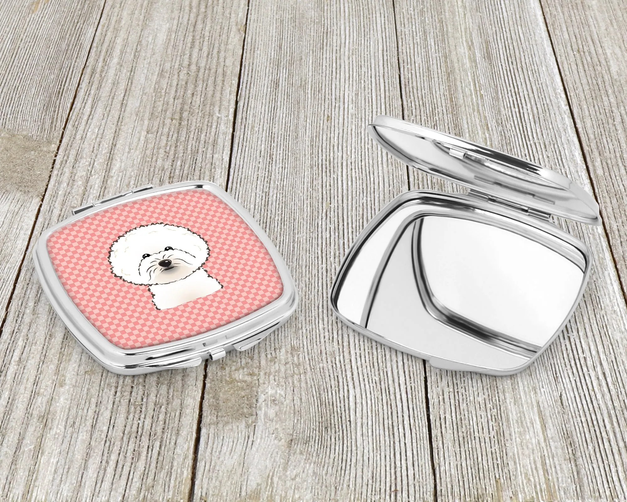 Checkerboard Pink Bichon Frise Compact Mirror BB1217SCM