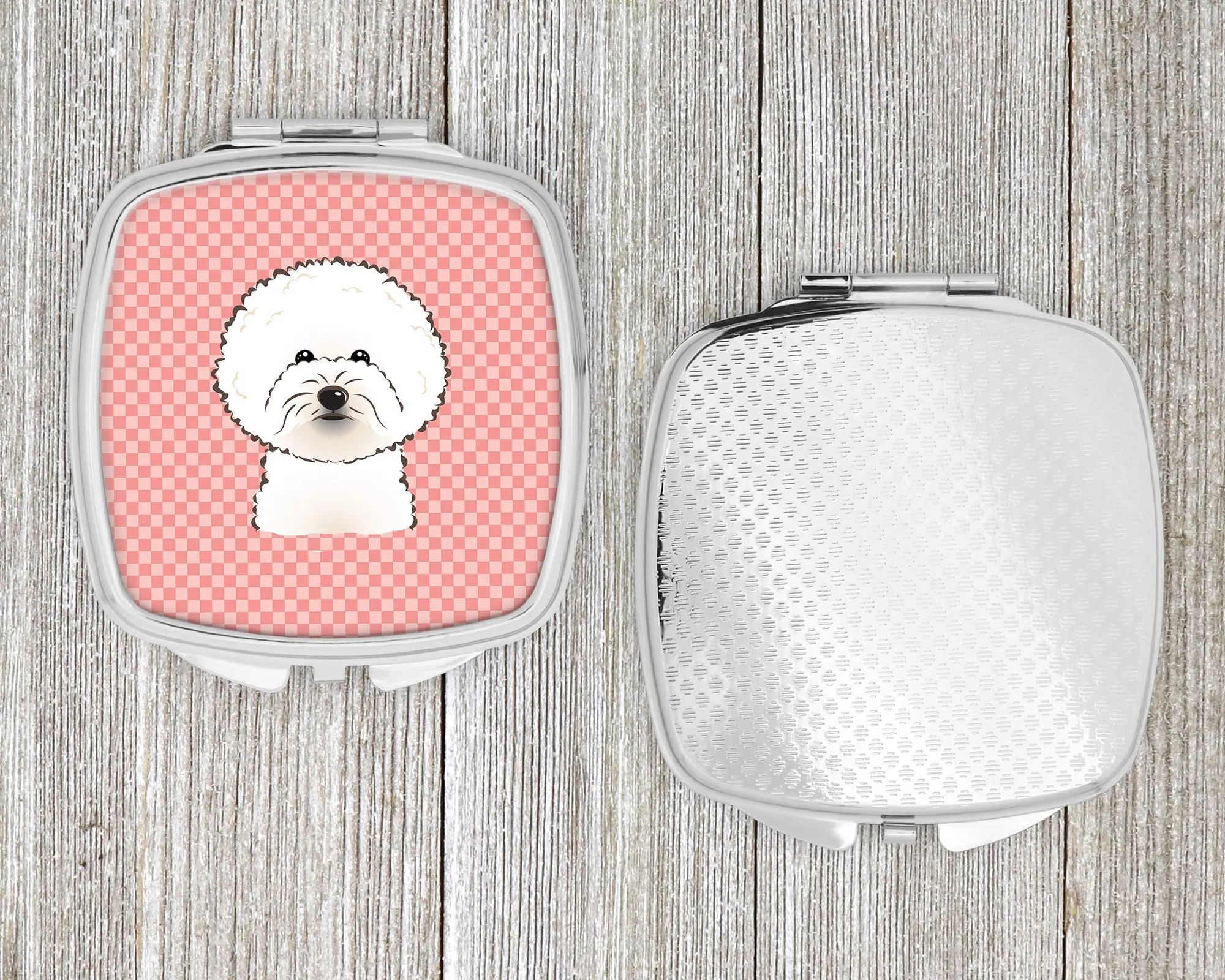 Checkerboard Pink Bichon Frise Compact Mirror BB1217SCM