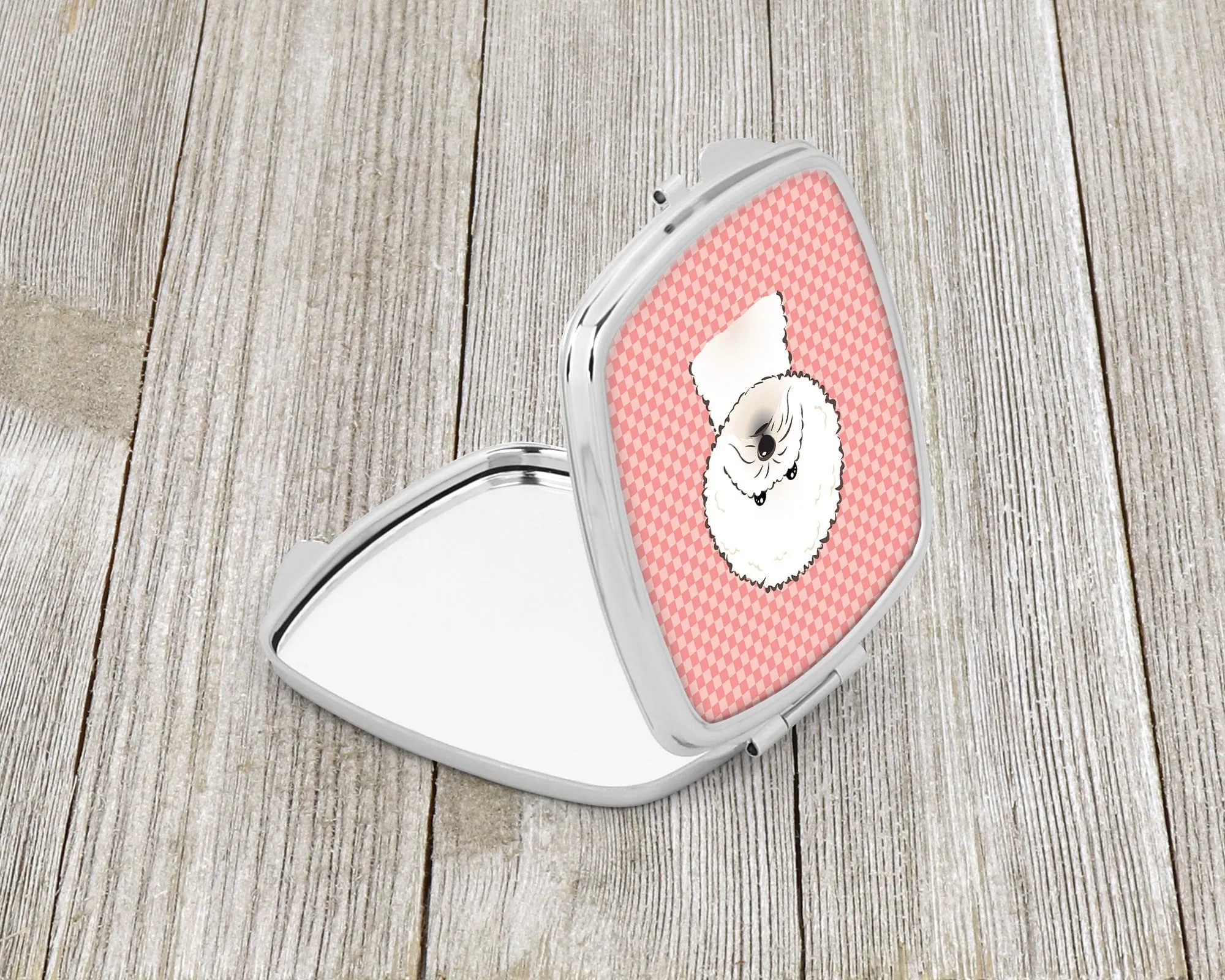 Checkerboard Pink Bichon Frise Compact Mirror BB1217SCM