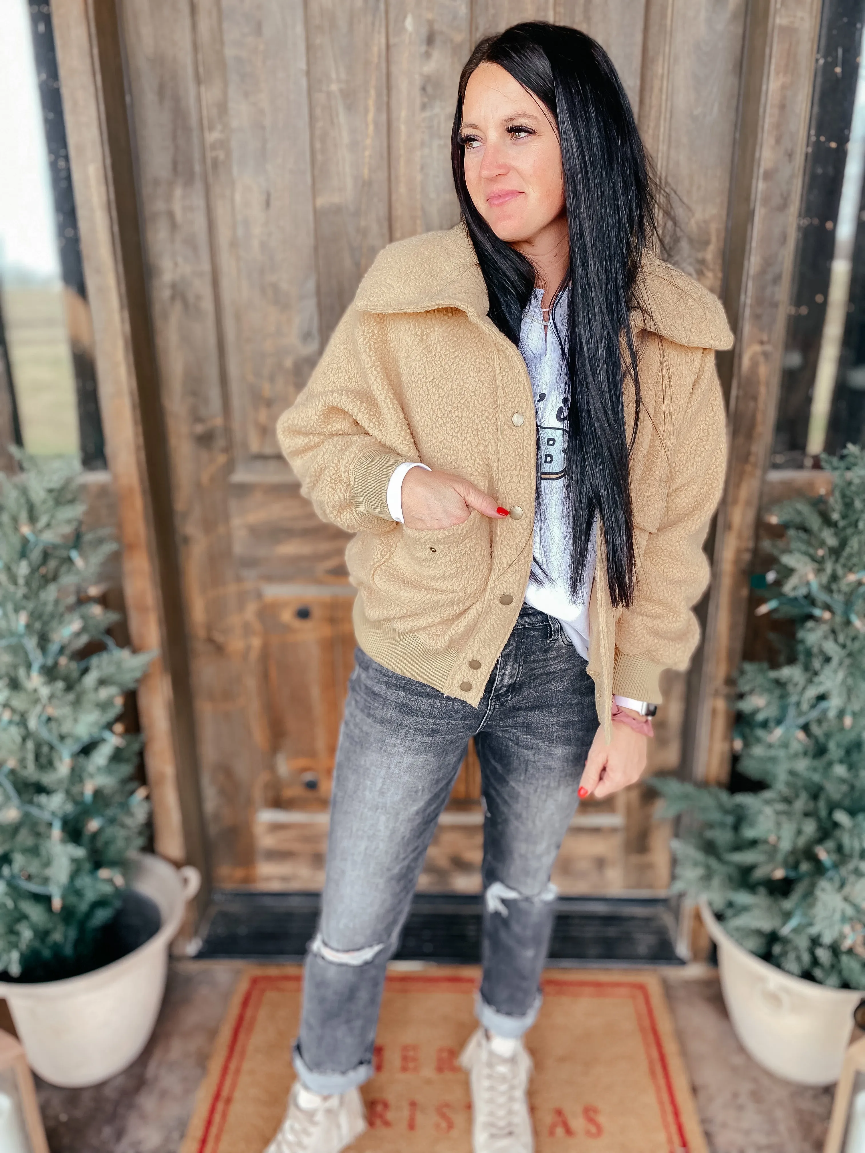 Don't Stress Oversized Collar Sherpa Jacket In Taupe