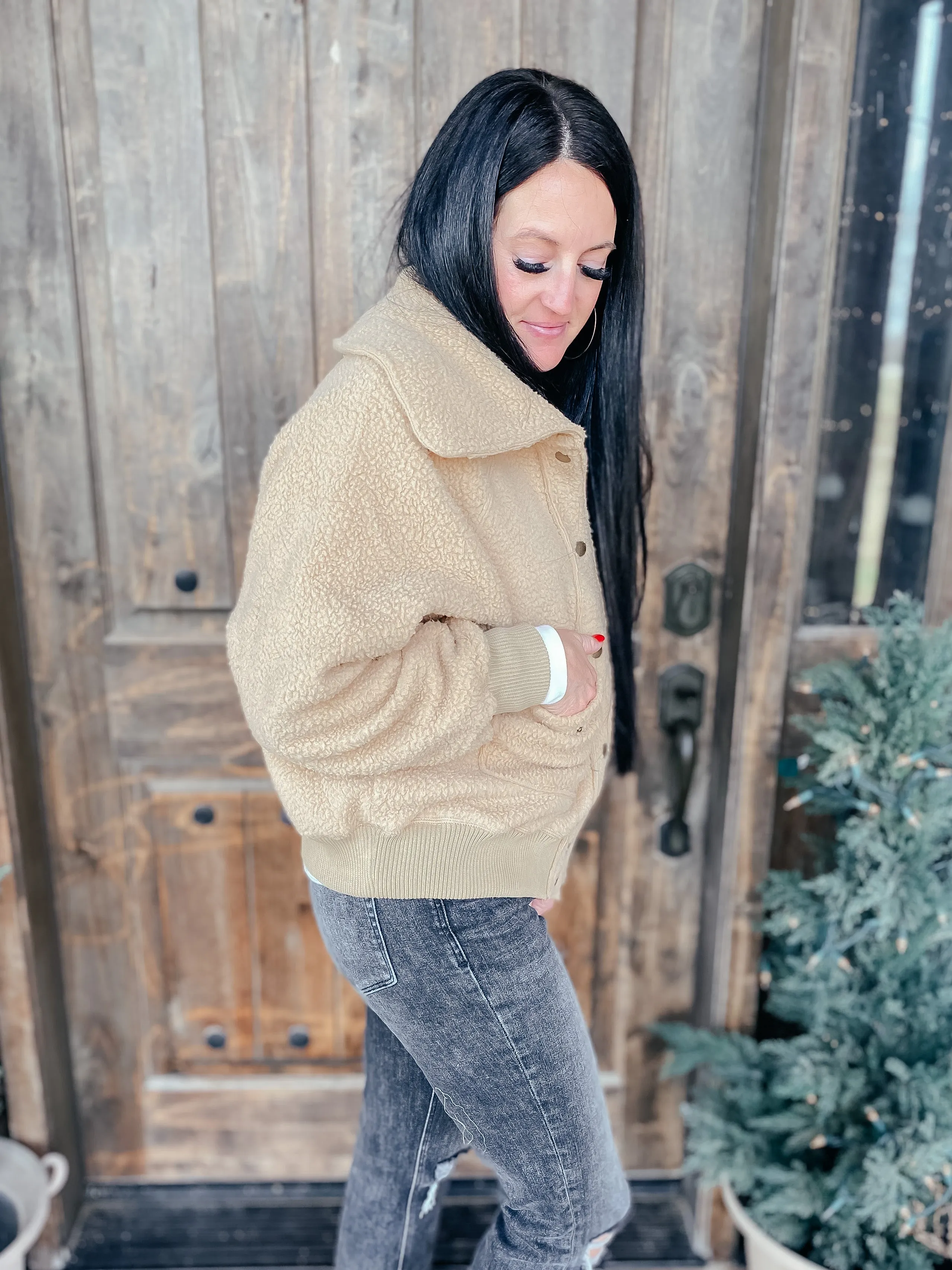 Don't Stress Oversized Collar Sherpa Jacket In Taupe