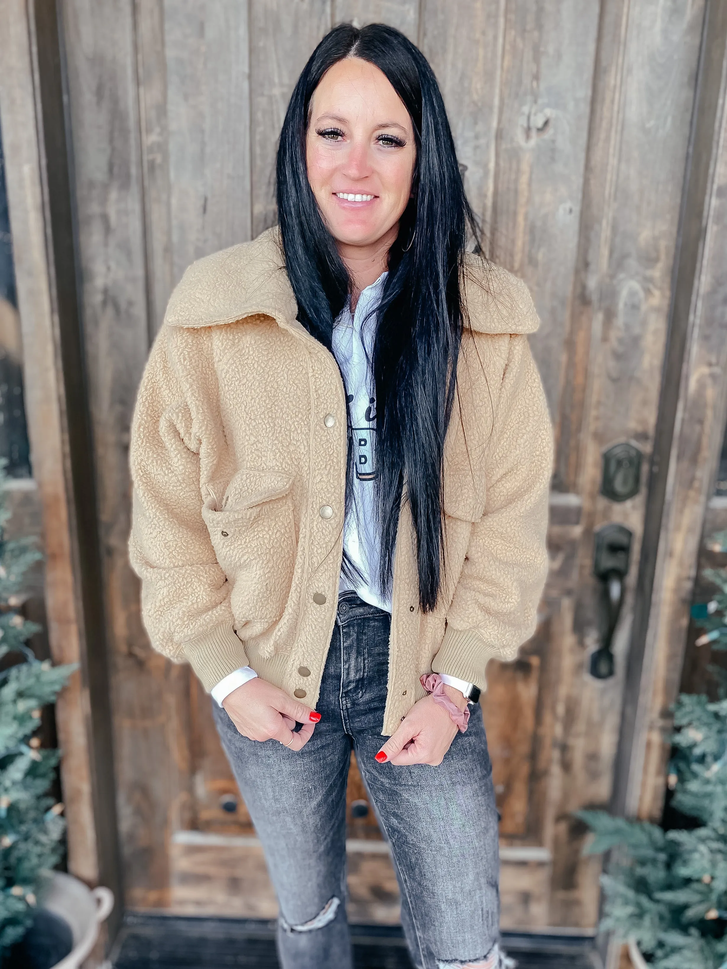 Don't Stress Oversized Collar Sherpa Jacket In Taupe