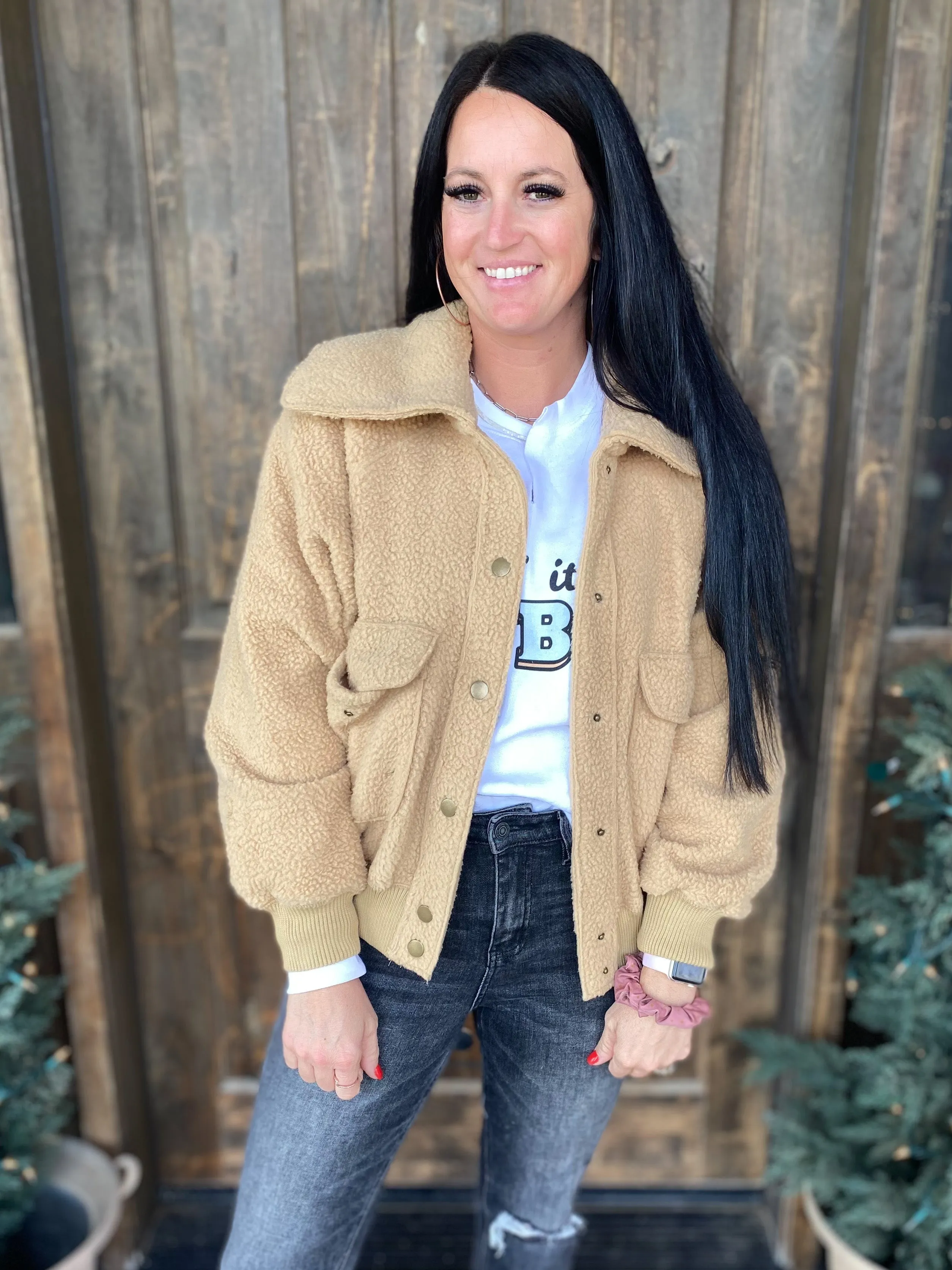 Don't Stress Oversized Collar Sherpa Jacket In Taupe