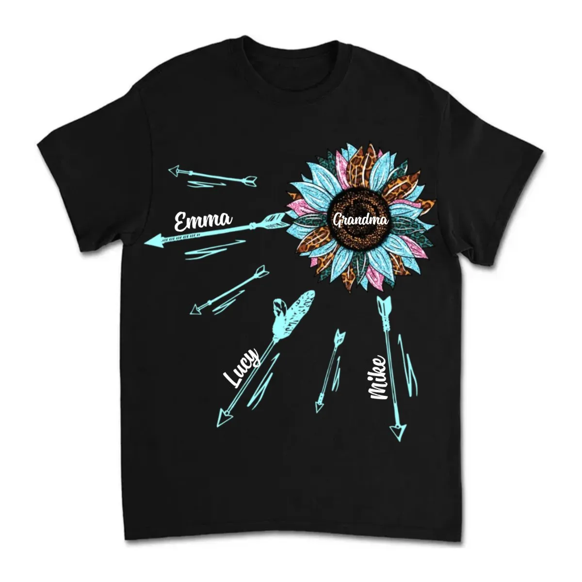 Grandkids - Grandma & Kid's Name Arrow Sunflower - Personalized T-shirt