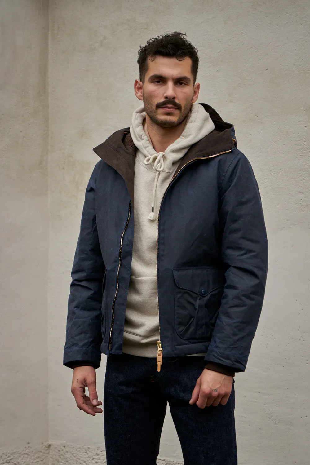 Manifattura Ceccarelli Waxed Blazer Coat Wool Teddy Fur Navy