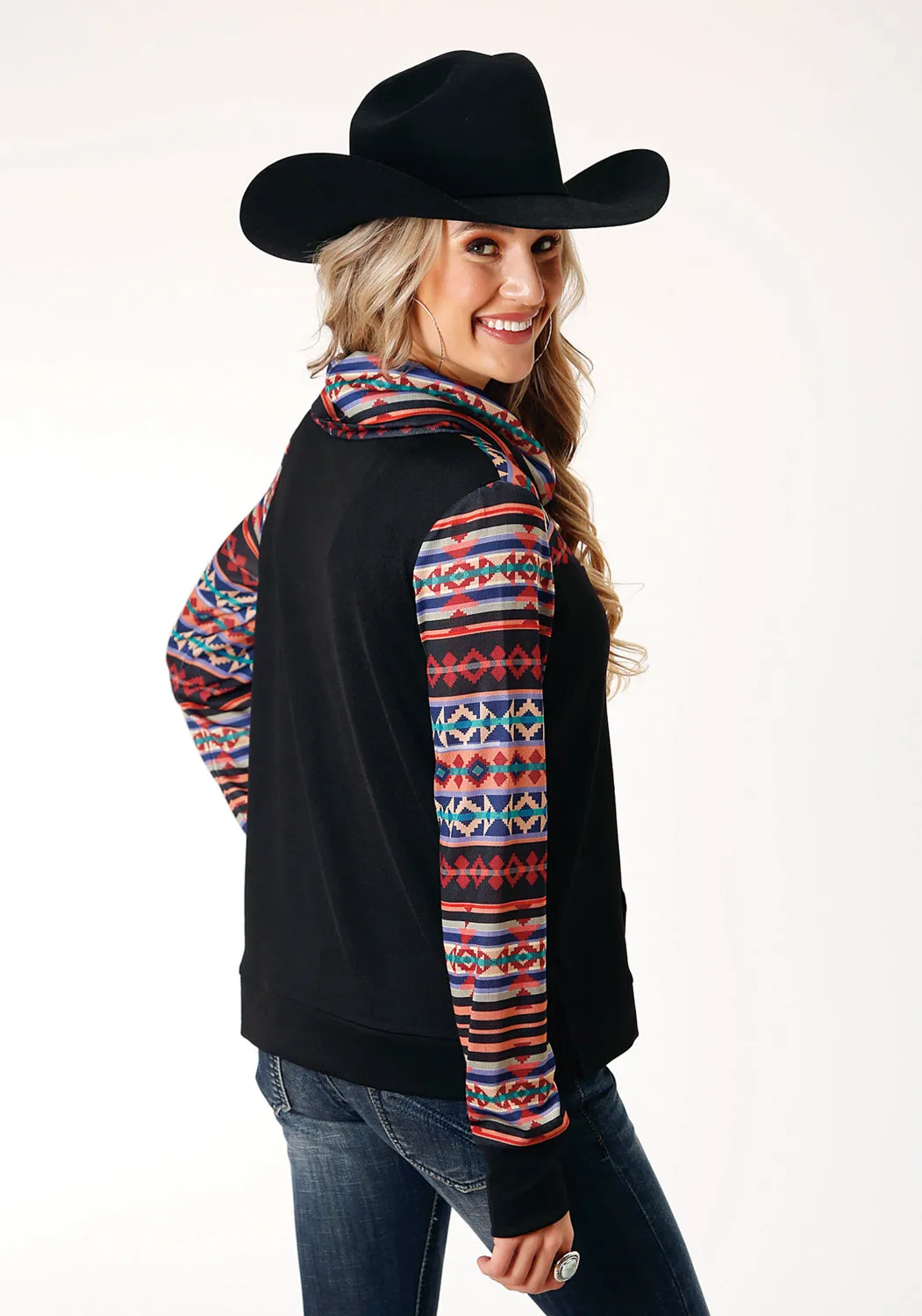 Roper Womens Cowl Neck Black Multi Polyester Sweatshirt