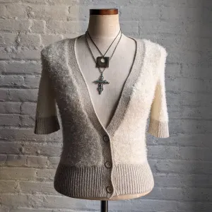 Y2K Retro Cream Preppy Fuzzy Shag Knit Cardigan Glitter Trim Cloud Sweater Top
